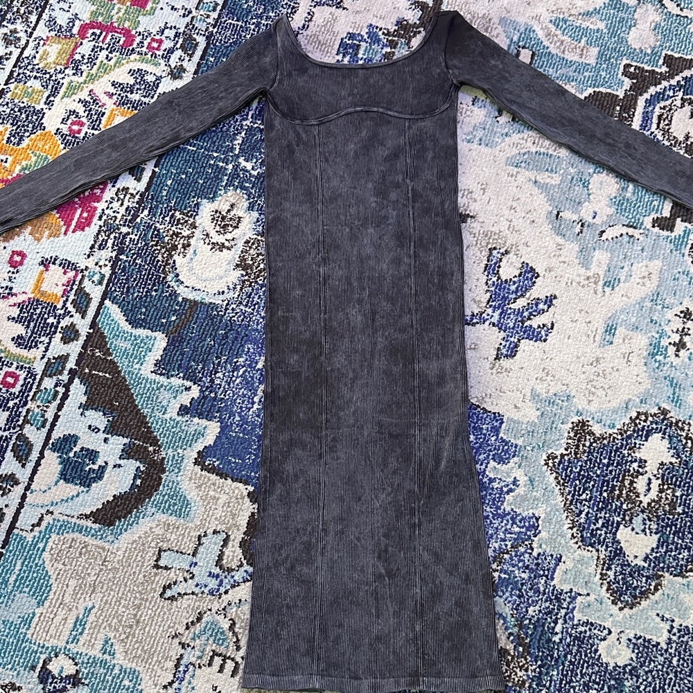 BDG Long Sleeve Fitted Midi Dress in Washed Charcoal